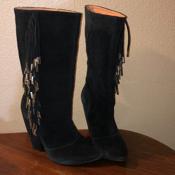 Madison Harding Y2K Disco Party Black Glam Edgy Leather Fringe Heeled Boots - Picture 1 of 14